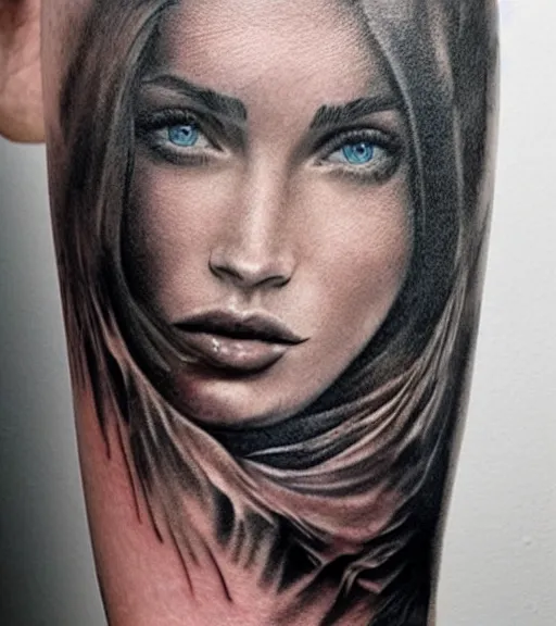 Image similar to realistic tattoo sketch of a megan fox face double exposure mountain scenery, in the style of matteo pasqualin, amazing detail, sharp, faded