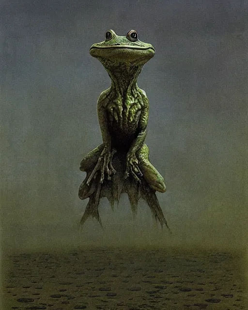 Image similar to giant terrifying frog god above a pond, scary, foreboding, mysterious minimalistic, by beksinski