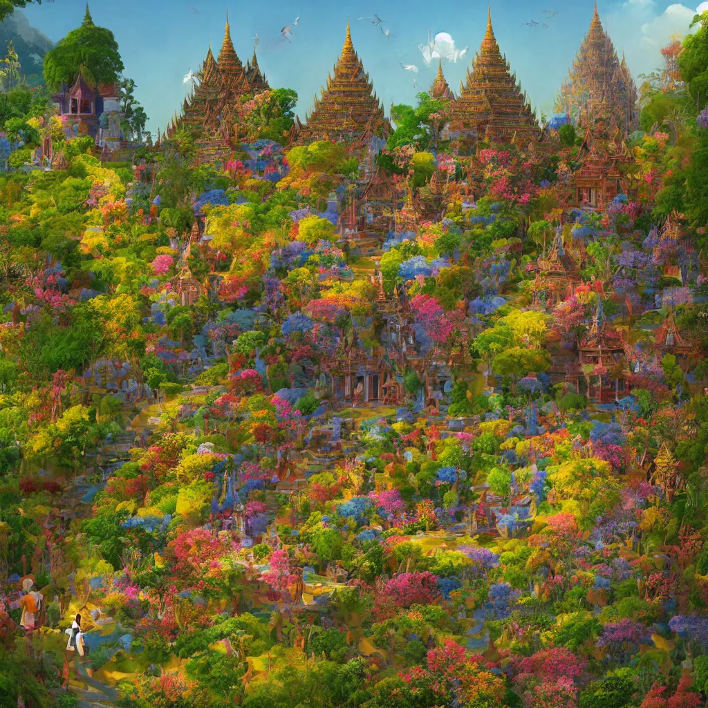 Prompt: summer morning, thai temple, rolling mountain, very coherent and colorful high contrast, art by gediminas pranckevicius, geof darrow, franz sedlacek, dark shadows, hard lighting, flowers garden