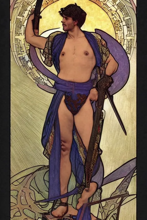 Prompt: tarot card of a shirtless swordsman, dad bod, homoerotic, art deco, art nouveau, ( ( by louis comfort tiffany, by alphonse mucha ) ), trending on artstation