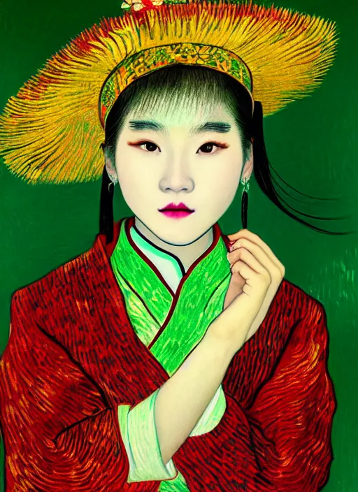 Prompt: portrait of a beautiful chinese shanghai city girl, danfeng eyes, open mouth, green shades, beautiful face, rule of thirds, intricate outfit, spotlight, painting by van gogh, digital
