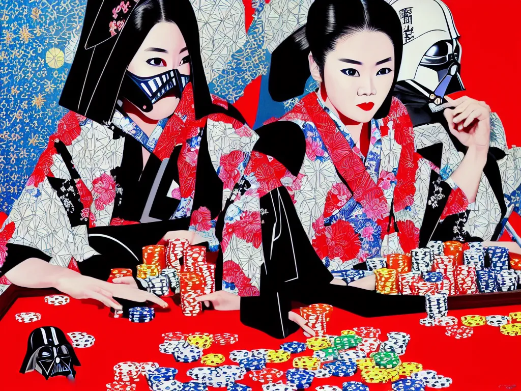 Image similar to hyperrealism composition of the detailed woman in a japanese kimono sitting at an extremely detailed poker table with darth vader, fireworks and folding screen on the background, pop - art style, jacky tsai style, andy warhol style, acrylic on canvas