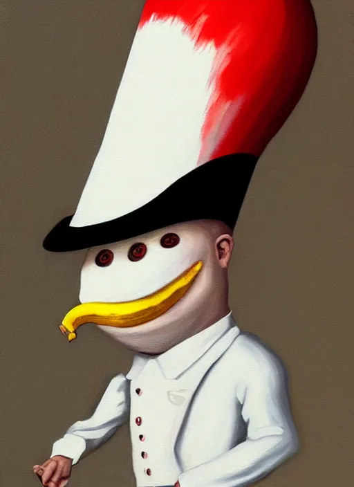 Image similar to hyper realistic painting of an anthropomorphic banana with bloodshot eyes; wearing a white shirt and white top hat; painted by Greg Rukowtski