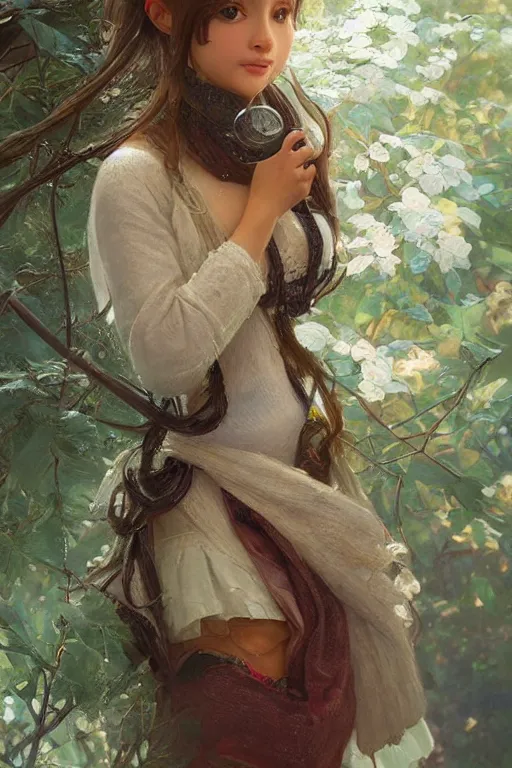 Image similar to miniature cottagecore tiny Ariana Grande , tilt shift photography, miniature world, elegant, highly detailed, digital painting, artstation, concept art, smooth, sharp, focus, illustration, art by artgerm and greg rutkowski and alphonse mucha