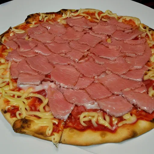 Prompt: ramen noodle and ham pizza with pepto bismol sauce.