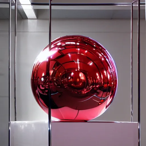 Prompt: chrome spheres on a red cube by hajime sorayama