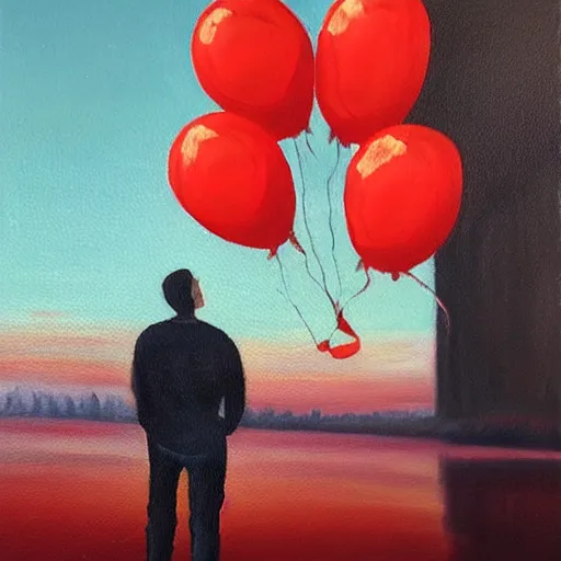 Prompt: “ wistful oil painting of a man watching parts of himself float away like red balloons against a sky at sunset, these are all his memories, he is steeling himself to become a champion of loss ”