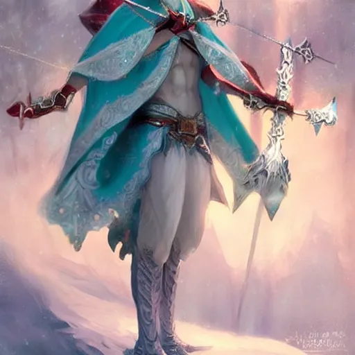 Image similar to handsome male snow elf in a turquoise cape and silver ornate armour as an archer, albino skin, pale pointed ears, ethereal opalescent mist, winter vibes, perfect face, elegant, very coherent symmetrical artwork, by wenjun lin, krenz cushart, charlie bowater, trending on artstation