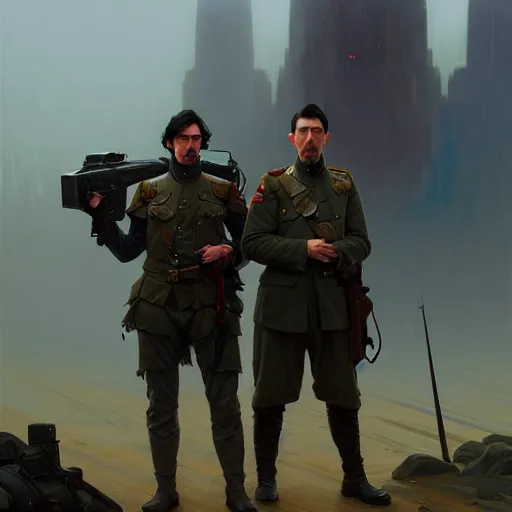 Image similar to adam driver and john oliver, standing together, stoic, full body, military uniform, battle, war, cinematic lighting by darek zabrocki and greg ruthkowski, alphonse mucha, simon stalenhag and cinematic and blue cold atmospheric, concept art, artstation, trending on artstation - w 8 3 2