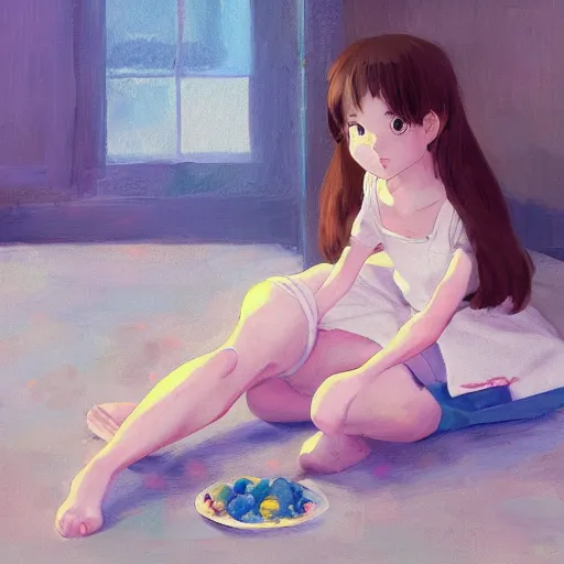 Image similar to little girl, wearing an bunny suit, artwork made by makoto shinkai, inspired in balthus, clean details, light color palette, candy, anatomically proportional, hd