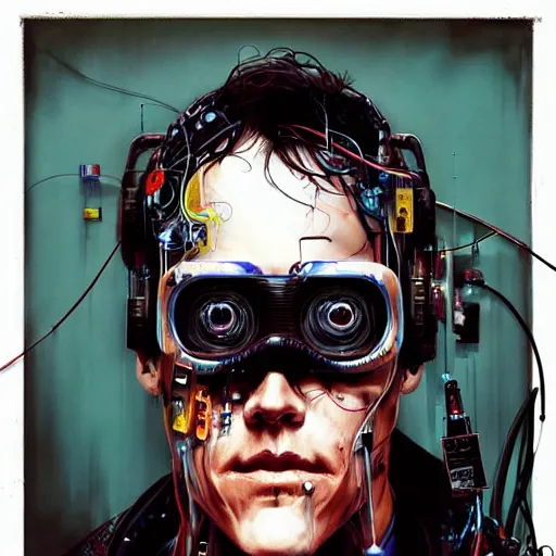 Image similar to zach greinke as a cyberpunk hacker, wires cybernetic implants, in the style of adrian ghenie, esao andrews, jenny saville, surrealism, dark art by james jean, takato yamamoto