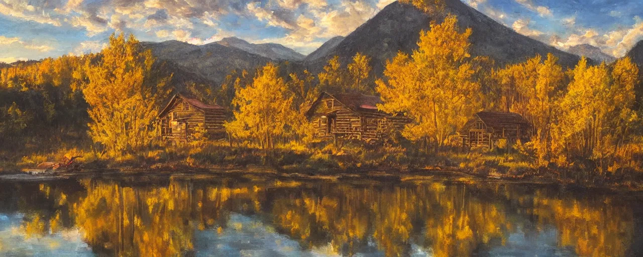 Prompt: A cabin in the mountains, river, golden hour, reflections, clouds, birds, classic painting, award winning, high detail
