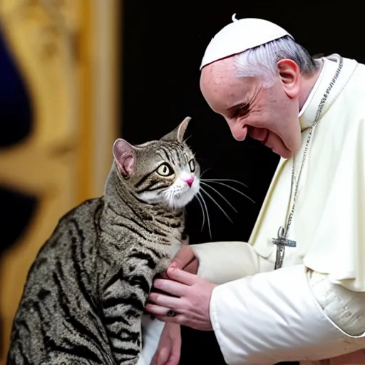 Image similar to Pope Francis holdingh a alien cat