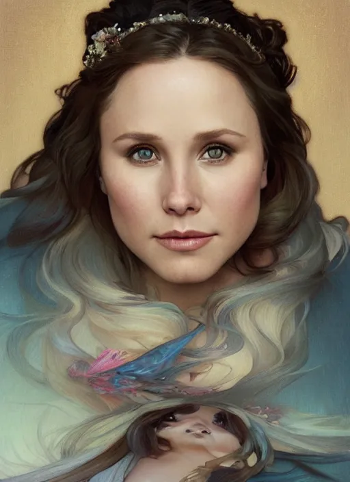 Image similar to beautiful portrait of fat chubby chonky jiggly thick kristen bell, soft features, by magali villeneuve and greg rutkowski and artgerm and alphonse mucha and jeremy lipkin and rob hay, intricate, elegant, highly detailed, photorealistic, trending on artstation, trending on cgsociety, 8 k, sharp focus