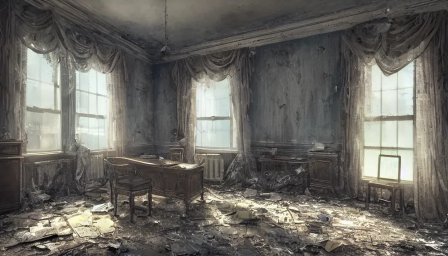 Prompt: abandoned oval office with broken windows covered by cobwebs, destroyed furnitures, dusty floor, old torn curtains, lights through windows, hyperdetailed, artstation, cgsociety, 8 k