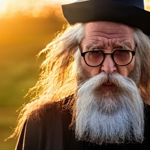 Image similar to scowling angry old wizard with a long white beard casting a spell, Tones of Black in Background, Golden Hour, Field of View, 2 Megapixels, 4-Dimensional