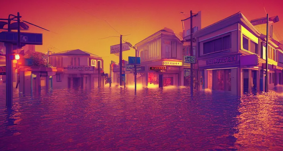 Prompt: a poignant 80s vaporwave outrun 3d Render of a german town being flooded at night, retro, nostalgic melancholy, grainy, noisy