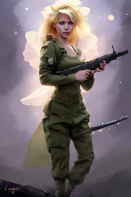 Image similar to cinematic shot of an epic portrait of a cute blonde fairy dressed in military clothes, stylised military clothes, shiny skin, beautiful eyes, beautiful, small details, night setting, realistic poster with volumetric light from craig mallism, artgerm, jeremy lipkin and michael garmash, unreal engine, radiant light, digital art, trends at art station, a masterpiece