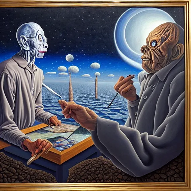 Image similar to an oil on canvas portrait of a man painting a portrait of a monster, surrealism, surrealist, cosmic horror, rob gonsalves, high detail