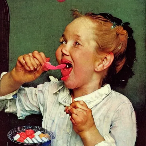 Image similar to An adorable happy woman chews on a candy as a liquid flows from her mouth. Norman Rockwell painting