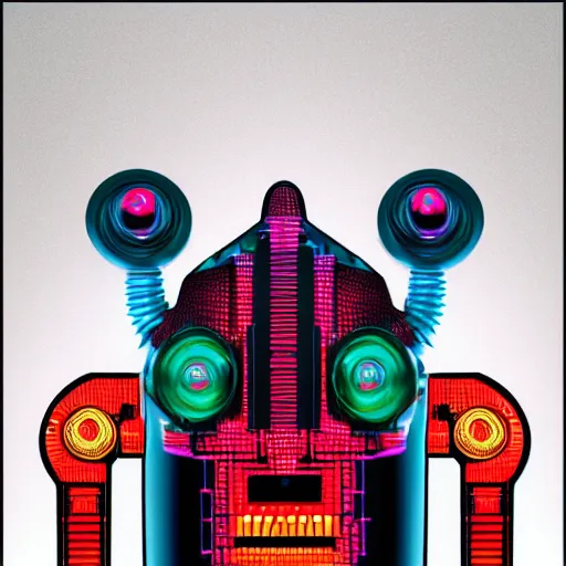 Image similar to hyperdetailed portrait of an atompunk robot head, 8 k, symetrical, flourescent colors, halluzinogenic, black background