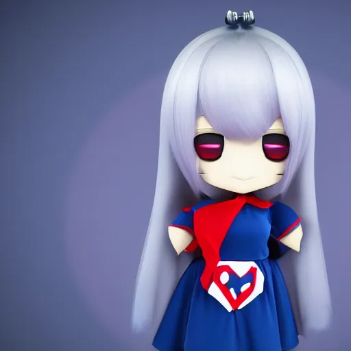 Image similar to cute fumo plush of a superheroine girl in a blue dress, magical girl, gothic maiden anime girl, glowing writing, velvet, vray