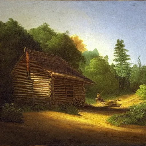 Image similar to Woodcutter Cabin in 1750,viewed by Thoreau, in the style of the Hudson River School