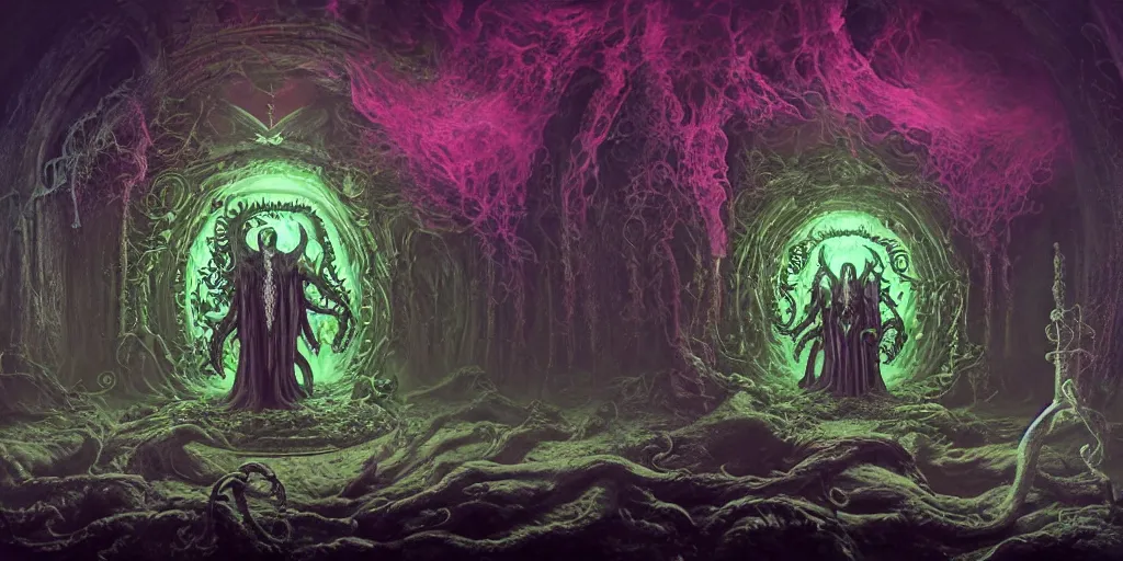 Image similar to photorealistic matte painting photography of circle group of necromancer priest in an invoking ritual in front of a viscosity cthulhu within a lovecraft portal, art by david lachapelle, photography by annie leibovitz, wide - angle portrait, atmospheric lighting, rich deep colors masterpiece, fractal crystals