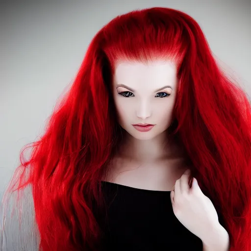 Prompt: !dream Portrait of a young, stunningly beautiful twin-tailed woman with red hair on the right half of her head and white hair on the left half, award-winning photo, 4k, 8k, studio lighting, Nikon D6