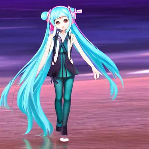 Image similar to photo of hatsune miku takes a walk on late evening beach, f 2,4