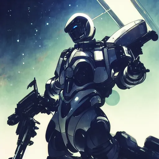 Image similar to manhwa character, armored, beautiful stars, cybernetic, sci-fi space game art, jeon Jungkook holding a gun. alien planet art by Akihito Yoshitomi AND Yoji Shinkawa AND Greg Rutkowski, Mark Arian trending on artstation