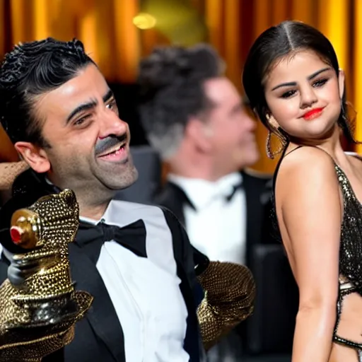 Prompt: Selena Gomez pointing a gun to Oscar Isaac