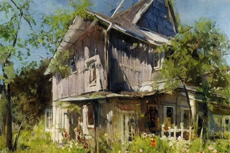 Prompt: old house with clothing line, sunny, dappled light, anders zorn