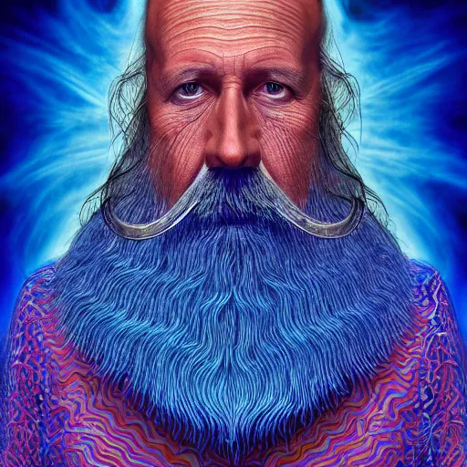 Prompt: wizard in blue robes, long white beard, by alex grey, TOOL band art, psychedelic, render, fractals, detailed, 8K