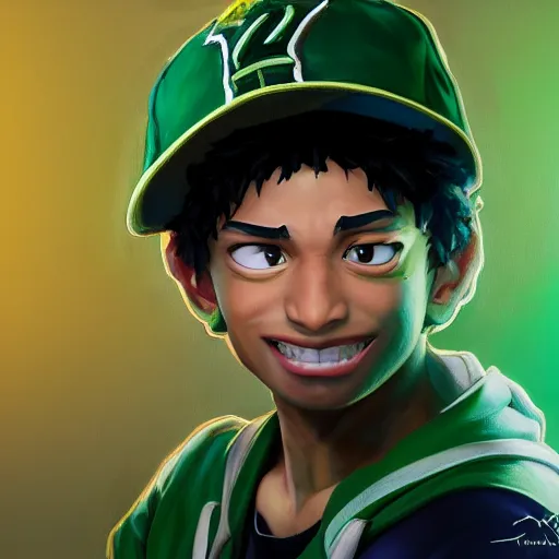 Prompt: an oil painting of a izuku midoriya wearing a hip - hop rap hat, by artgerm, hd, hdr, ue 5, ue 6, unreal engine 5, cinematic 4 k wallpaper, 8 k, ultra detailed, gta cover art, high resolution, artstation, award winning