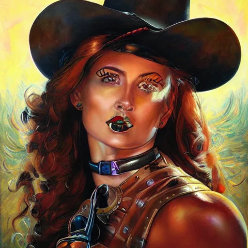 Image similar to portrait of a cyborg cowgirl // renato casaro x julie bell