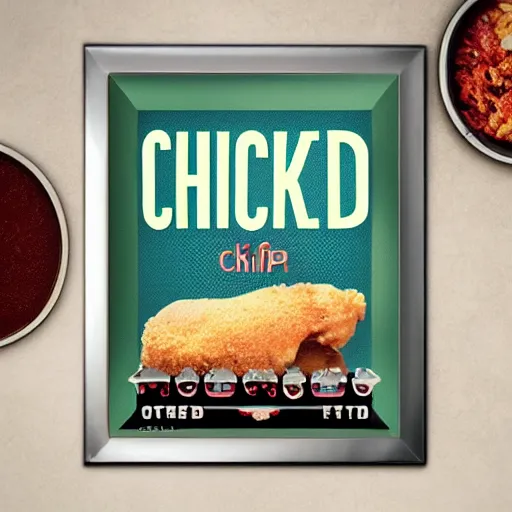 Prompt: chicken fried on a computer cpu chip plate, food, poster, orthographic, octane