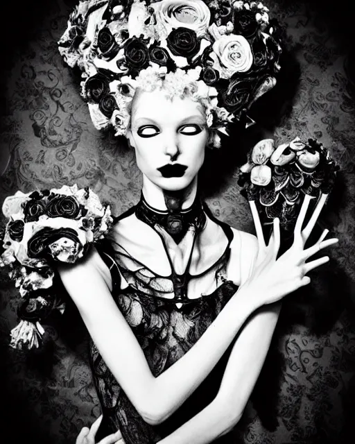 Image similar to dreamy surreal poetic black and white photo of a beautiful young silver bio-mechanical-female-vegetal-cyborg with a very long neck and a super big gothic lace collar and a very high big floral crown with many black dry roses by Vivienne Westwood:: smoke, high fashion, haute couture, rococo, avant-garde, silver filigree details, anatomical, facial muscles, cable wires, microchip, elegant, dreamy, hyper realistic, 150 mm lens, soft rim light, octane render, unreal engine, picture was taken in 1910 by Man Ray, volumetric lighting, dramatic light,8k,