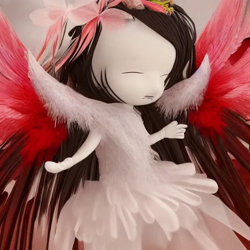 Image similar to cute fumo plush of a divine angel, gothic maiden, ribbons and flowers, ruffled wings, feathers raining, particle simulation, clouds, vray, horror storybook illustration