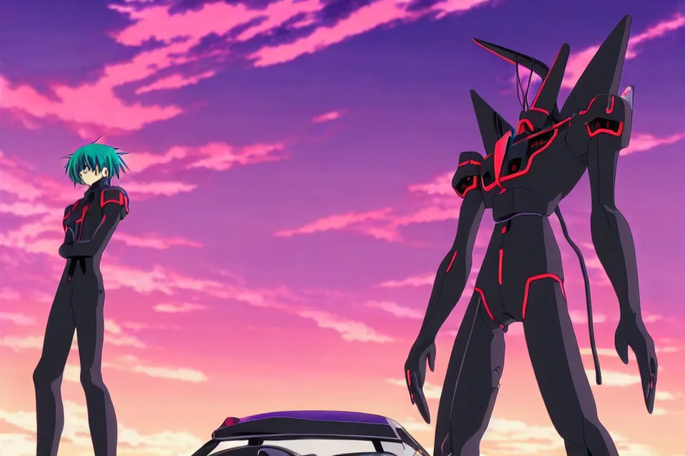 Image similar to anime illustration of black detailed evangelion eva - 0 1 standing menacingly behind ikari shinji copying his pose on an empty highway at sunrise, cinematic lighting, evangelion anime poster, rebuild of evangelion 1 0 8 0 p, 9 0 s anime aesthetic, volumetric lights, rule of thirds, unreal engine render, pinterest wallpaper, trending on artstation