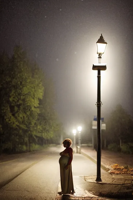 Prompt: pregnant woman under street light, nothern russia, by Alyssa Monks, Bouguereau