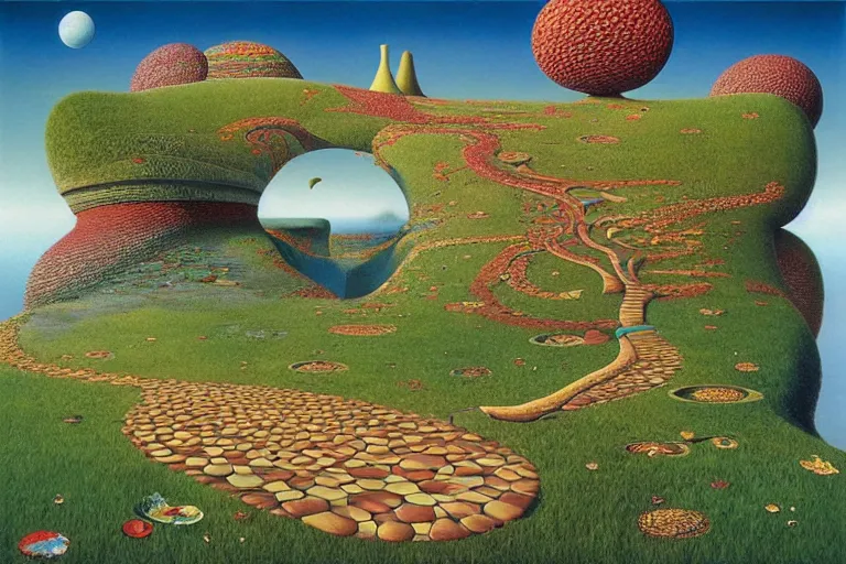 Prompt: the path less taken by jacek yerka, roger dean and salvadore dali