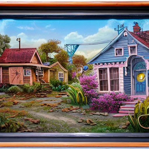 Prompt: 5 0 s tract home suburb on ancient post - apocalyptic planet, jim henson creature shop, vivid and colorful, thomas kincaid, cinematic, oil painting, highly detailed, illustration