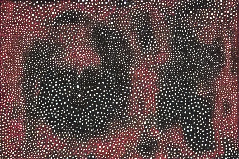 Prompt: teeth, smile, faceless people, black figures, dark, acrylic, clay, dots abstract, dripping, stipple, pointillism, technical, abstract, minimal, style of francis bacon, asymmetry, pulled apart, stretch, cloak, eerie, made of dots, abstraction chemicals, blotter, mask, colored dots, sploch