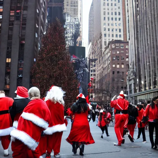 Image similar to a portal to hell opens in New York City during Santa Con