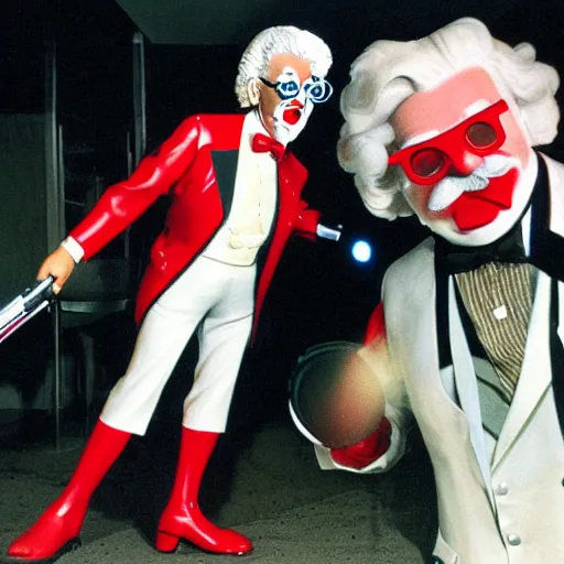 Prompt: colonel sanders with a laser gun shooting ronald mcdonald's knee