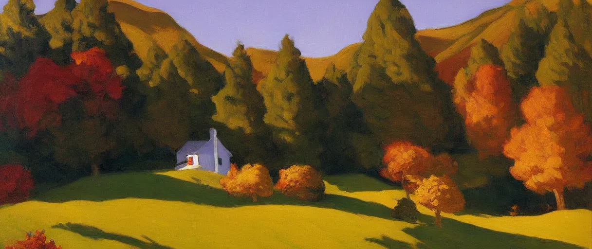 Image similar to an alpine landscape with a cottage, dense trees, fall, by edward hopper, new artstation artist,