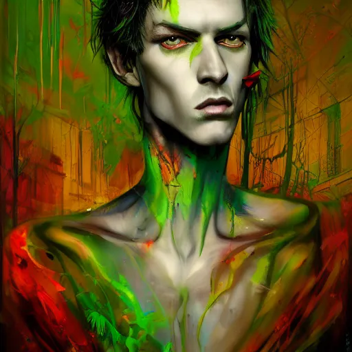 Image similar to a Demon Slayer portrait of Micheal Ward, tall, pale-skinned, slender with lime green eyes and long eyelashes by Stanley Artgerm, Tom Bagshaw, Arthur Adams, Carne Griffiths, trending on Deviant Art, street art, face enhance, chillwave, maximalist, full of color, glittering