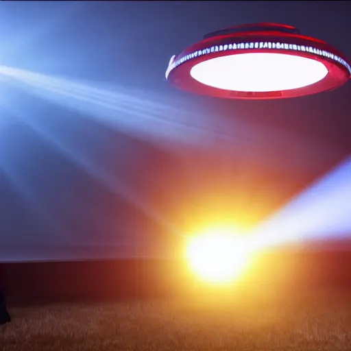 Image similar to Donald Trump! lifted up by a tractor beam from a UFO!!, Anamorphic Lens, Professional Photography, Volumetric Lighting, Keylight