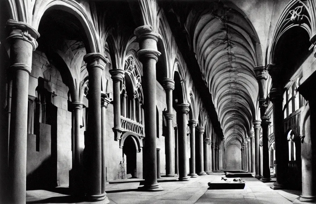 Prompt: cloister quadrangle vertiginous intact flawless ambrotype from 4 k criterion collection remastered cinematography gory horror film, ominous lighting, evil theme wow photo realistic postprocessing sinister knights reversible literal illusion photograph by ansel adams